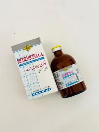 Bicormicina L.A. injection suspension label with dosage and administration guidelines
