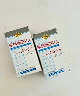 Bicormicina L.A. multidose glass bottle view showing official Italian manufacture