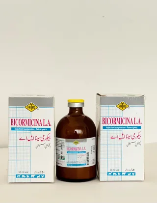 Bicormicina L.A. complete carton packaging with storage and withdrawal information