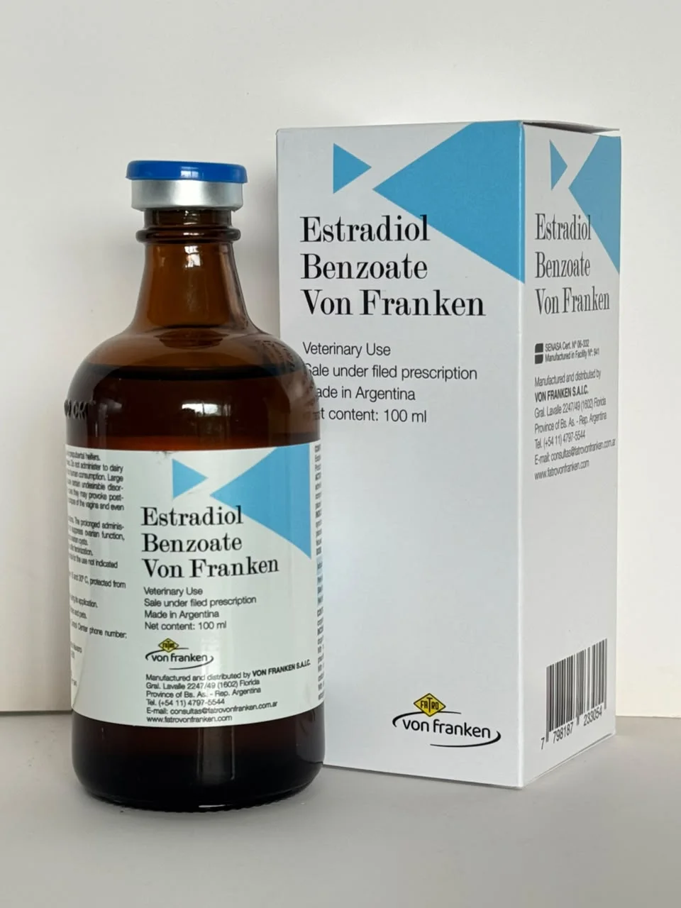 Estradiol Benzoate 100ml multidose glass vial front label and formulation
