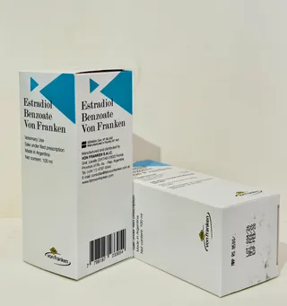 Estradiol Benzoate 100ml bottle view with composition and storage instructions