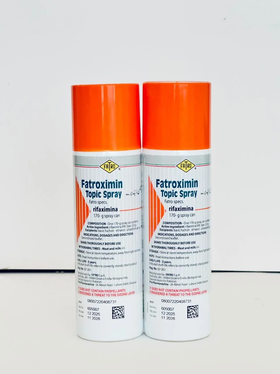 Fatroximin Topic Spray 170g packaging front with composition and withdrawal label